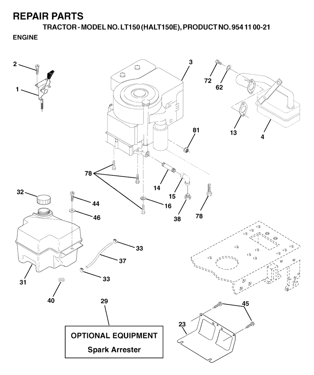 Engine Diagram and Parts List for LT150 (954110021-E)(2003-01) Husqvarna Lawn Tractor