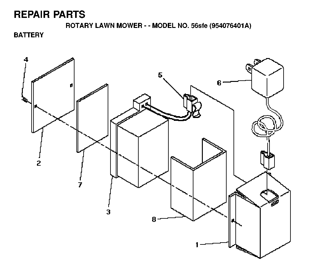 Battery Diagram and Parts List for 56SFE (954076401A)(1995-09) Husqvarna Lawn Mower