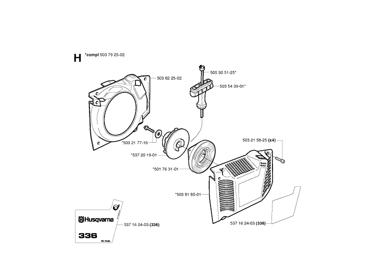 Starter Diagram and Parts List for 336 20040100001-20051000000 Husqvarna Chainsaw