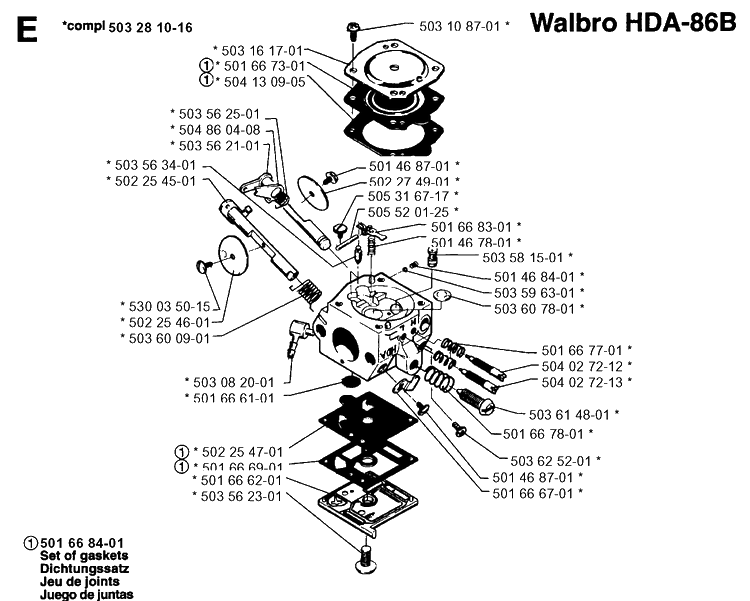 Carburetor Details Diagram and Parts List for 250RX 19954000001-19973100000 Husqvarna Brush Cutter