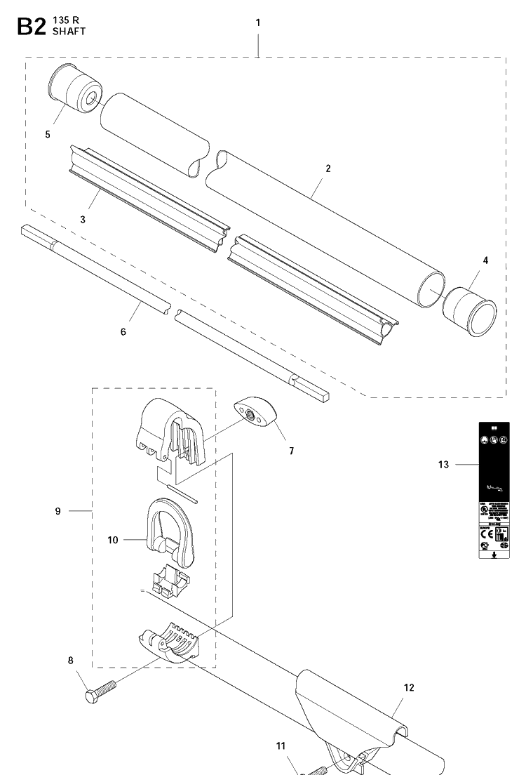 Shaft Diagram and Parts List for 135R  Husqvarna Brush Cutter