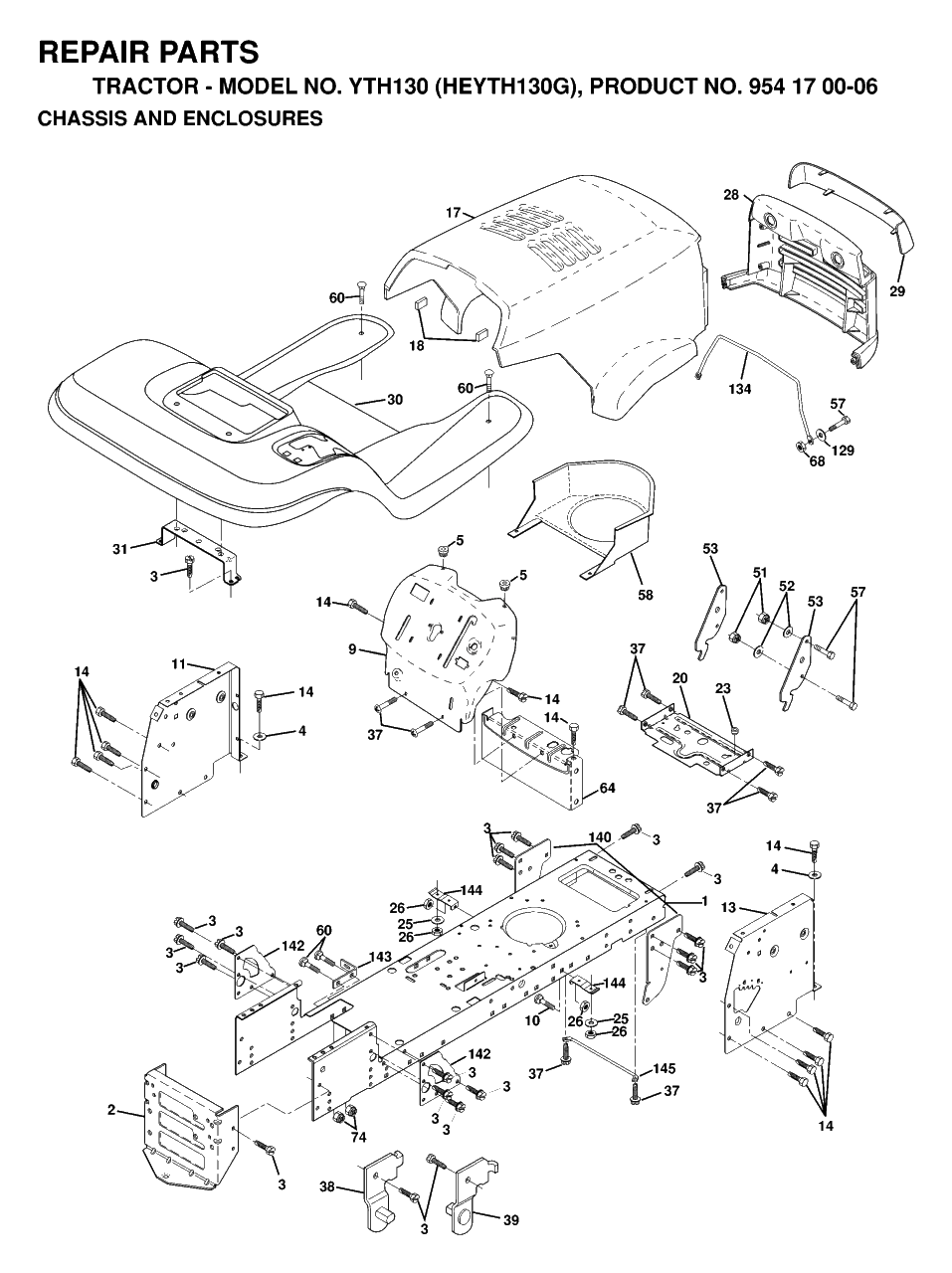 Chassis And Enclosures Diagram and Parts List for YTH130 (954170006-G)(1998-12) Husqvarna Lawn Tractor
