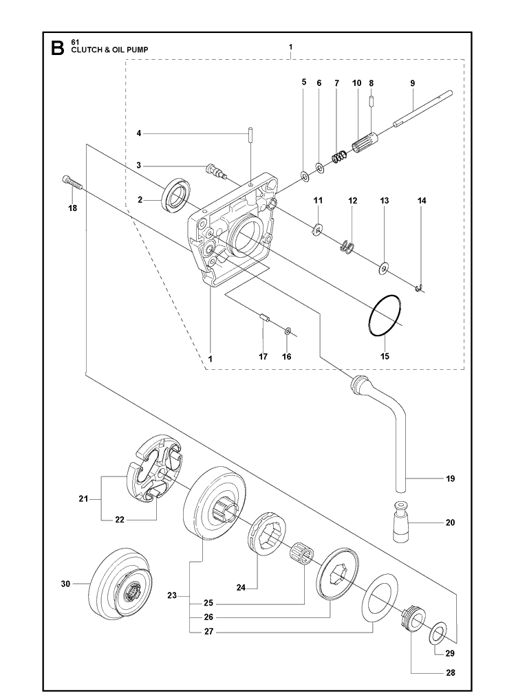 Clutch And Oil Pump Diagram and Parts List for 61  Husqvarna Chainsaw