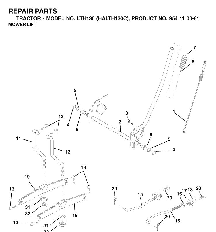 Mower Lift / Deck Lift Diagram and Parts List for LTH130 (HALTH130C)(954110061)(2003-01) Husqvarna Lawn Tractor