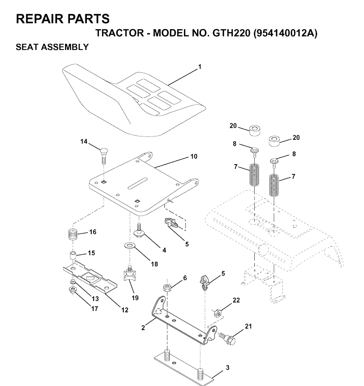 Seat Diagram and Parts List for GTH220 (954140012A)(1997-01) Husqvarna Lawn Tractor