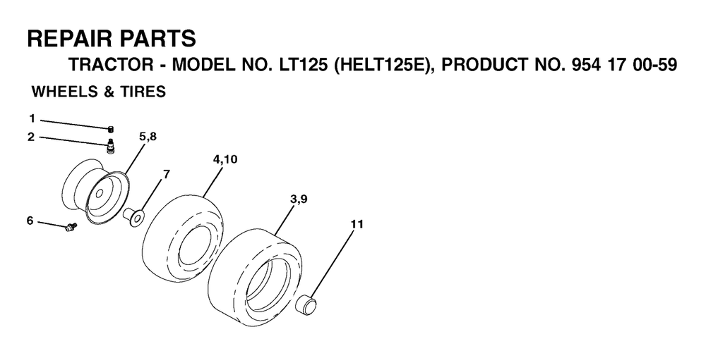 Wheels And Tires Diagram and Parts List for LT125 (954170059-E)(2002-03) Husqvarna Lawn Tractor