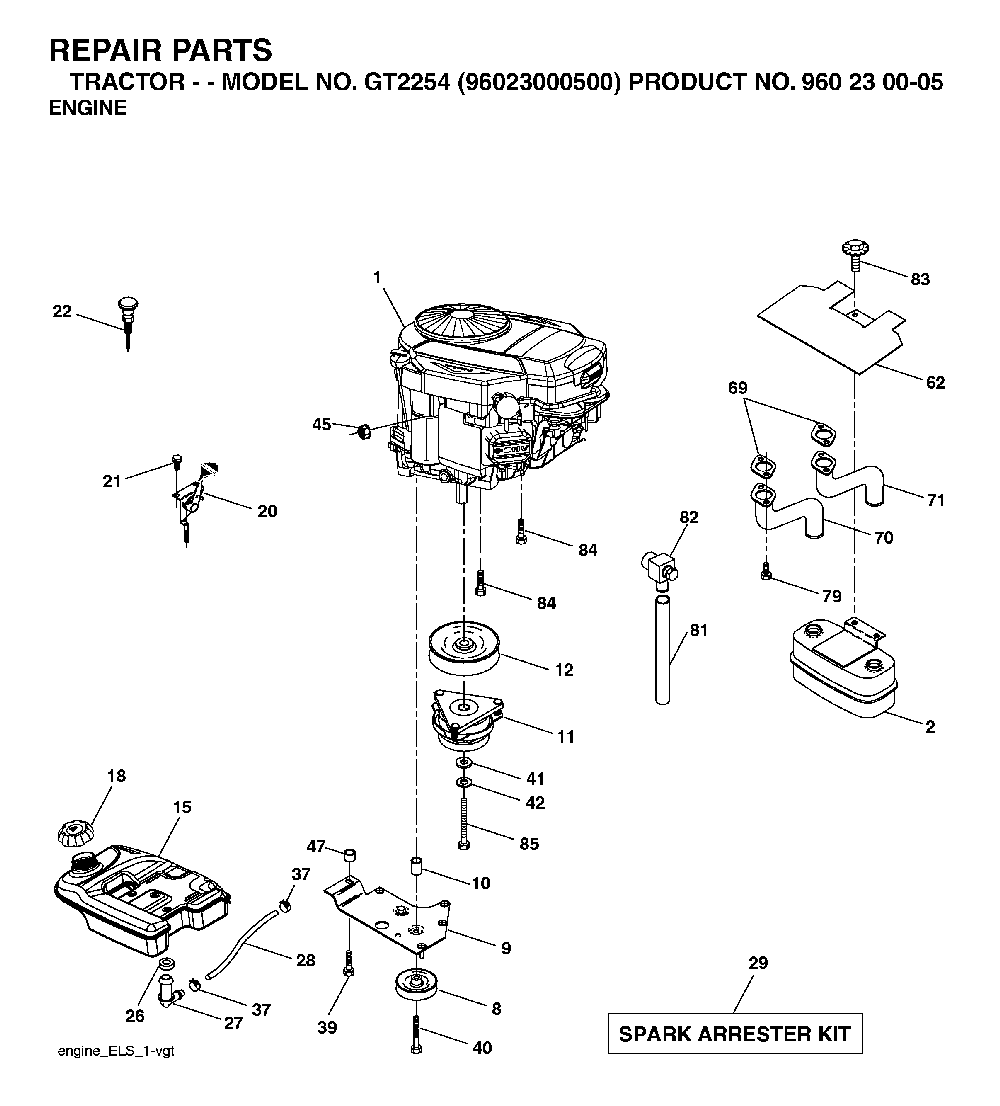 Engine Diagram and Parts List for GT2254 (96023000500)(2005-05) Husqvarna Lawn Tractor