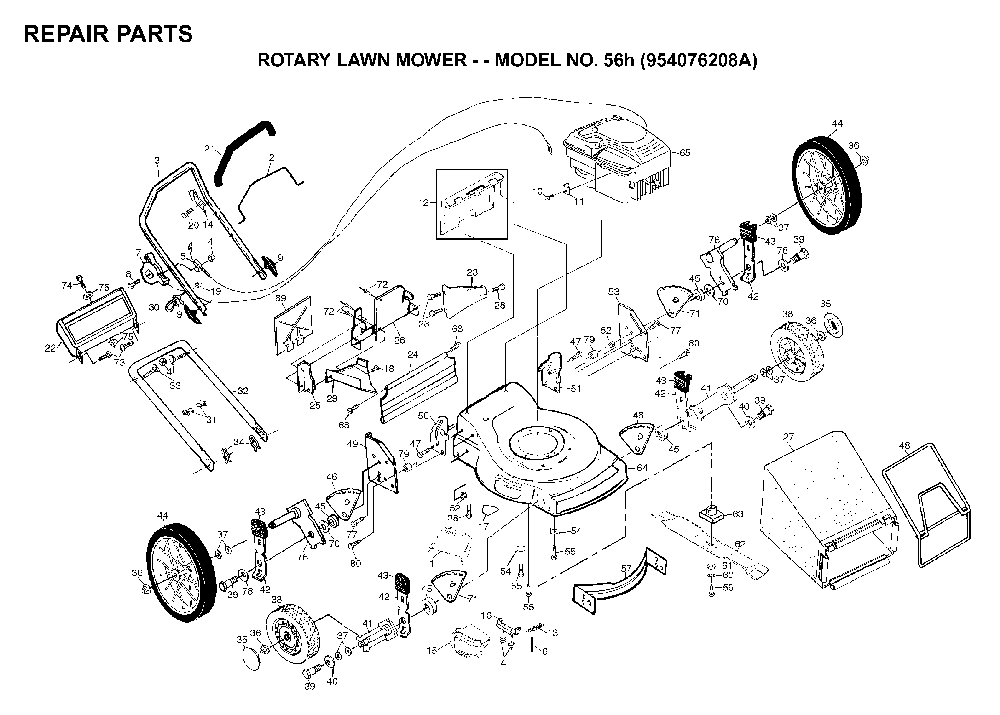Product Complete Diagram and Parts List for 56H (954076208A)(1996-03) Husqvarna Lawn Mower