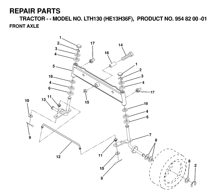Front Axle Diagram and Parts List for LTH130 (HE13H36F)(1998-12) Husqvarna Lawn Tractor