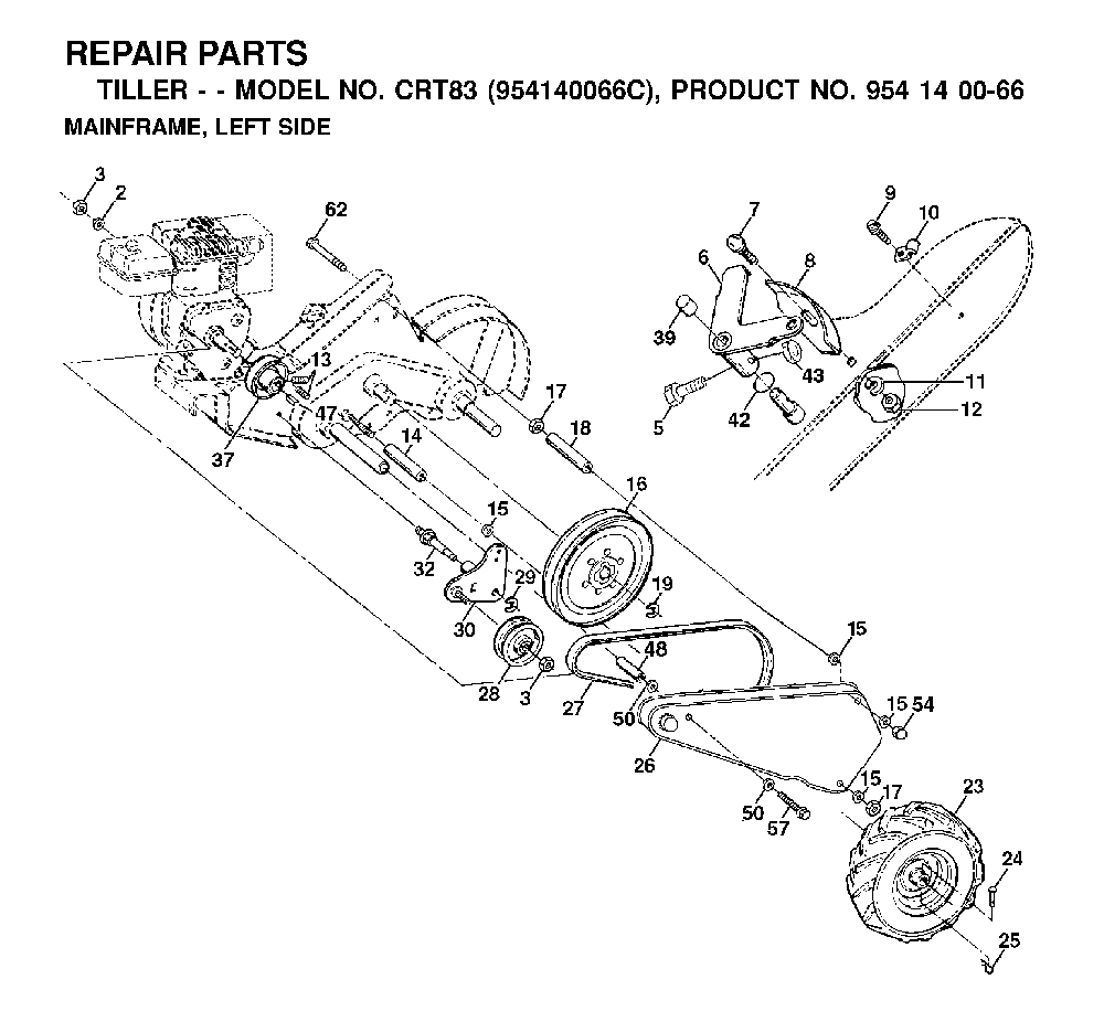 Mainframe, Left Side Diagram and Parts List for CRT83 (954140066C)(1999-09) Husqvarna Tiller