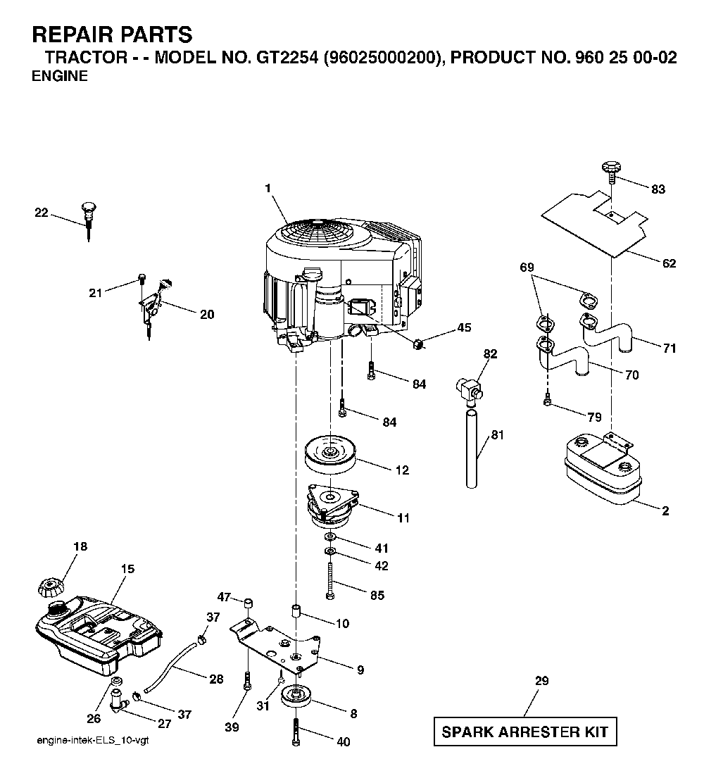 Engine Diagram and Parts List for GT2254 (96025000200)(2005-05) Husqvarna Lawn Tractor
