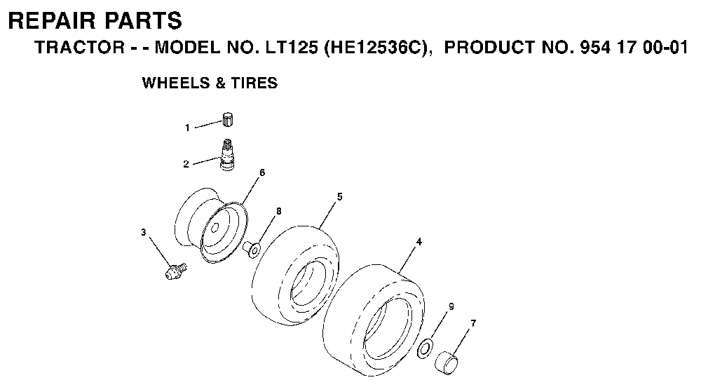 Wheels And Tires Diagram and Parts List for LT125 (HE12536C, 954170001)(1996-01) Husqvarna Lawn Tractor