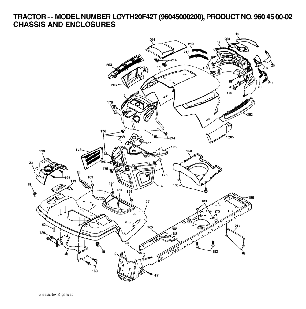 Chassis And Enclosures Diagram and Parts List for YTH20F42T (960450002-00)(2006) Husqvarna Lawn Tractor