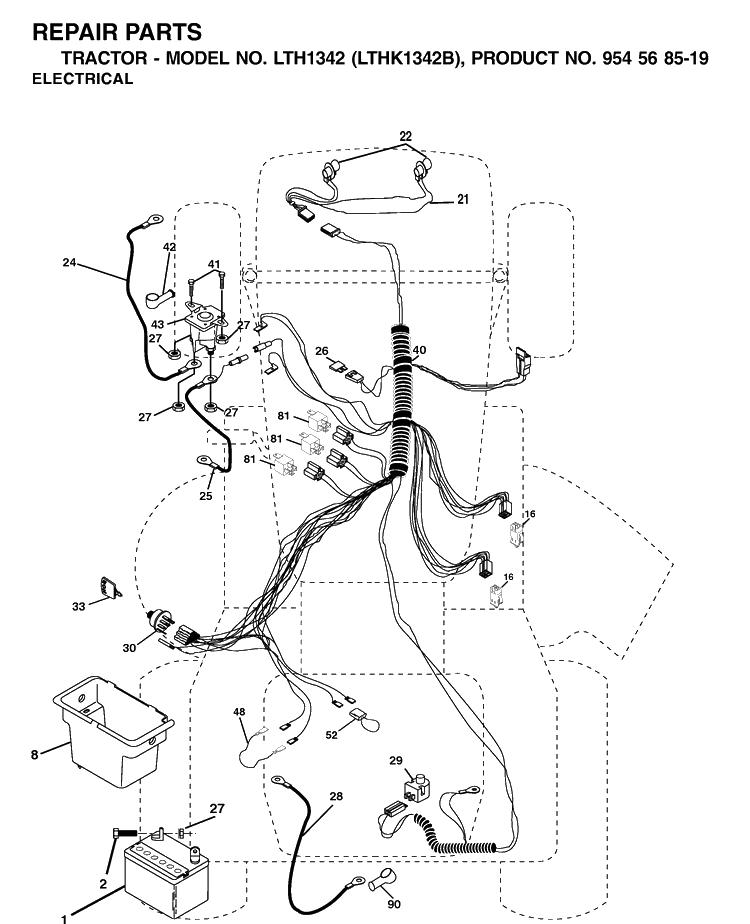 Electrical Diagram and Parts List for LTH1342-LTHK1342B 2002-02 Husqvarna Lawn Tractor