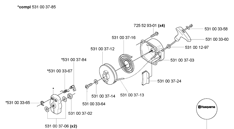Starter Assembly Diagram and Parts List for 165BT 2005-08 Husqvarna Leaf Blower / Vacuum