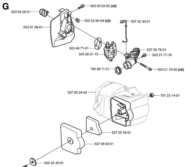 Carburetor And Air Filter Diagram and Parts List for 323HD60 20022200001-20062300000 Husqvarna Hedge Trimmer