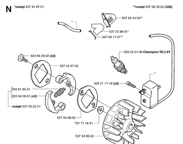 Ignition System Diagram and Parts List for 323R 20070100001-20144900000 Husqvarna Brush Cutter