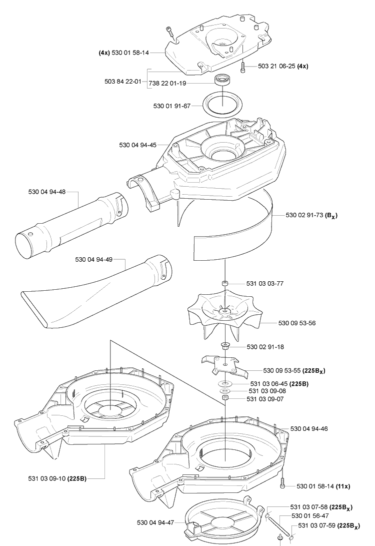 Housing/ Impeller / Tubes Diagram and Parts List for 225B 2006-09 Husqvarna Leaf Blower / Vacuum