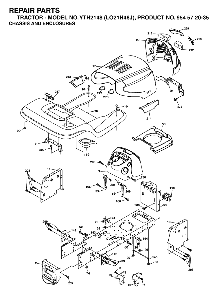 Chassis And Enclosures Diagram and Parts List for YTH2148-LO21H48J 2004-05 Husqvarna Lawn Tractor