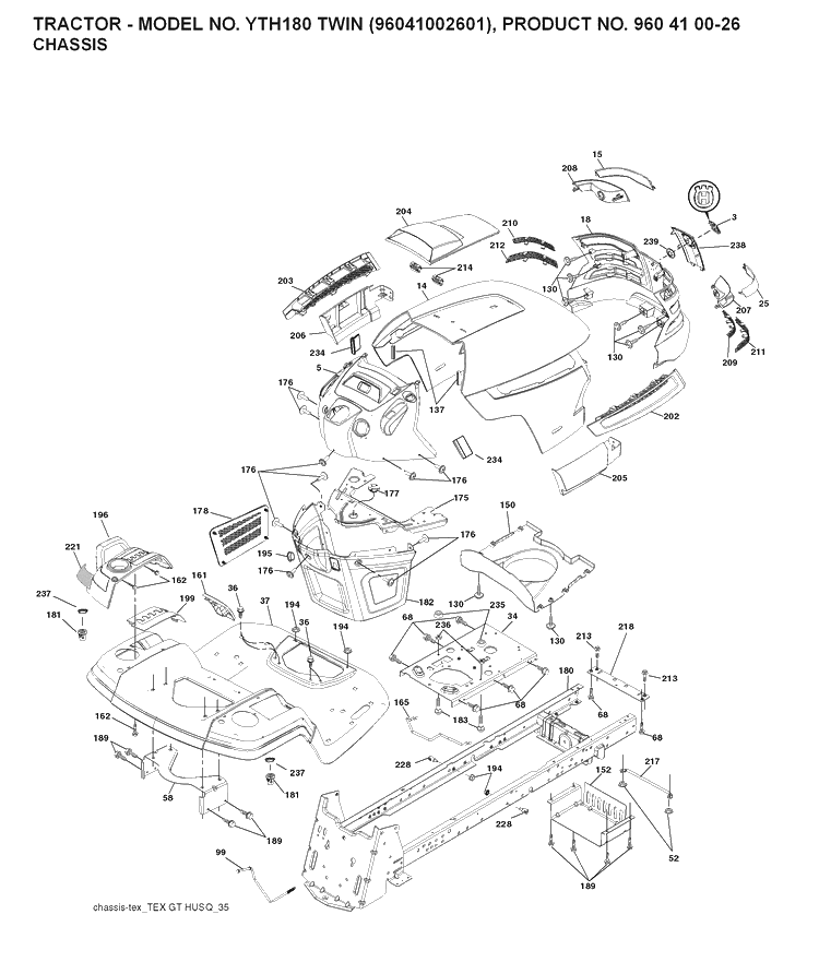 Chassis And Enclosures Diagram and Parts List for YTH180 (96041002601)(2007-09) Husqvarna Lawn Tractor