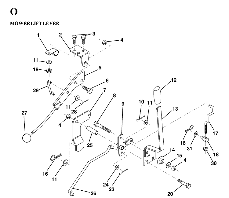 Mower Lift Lever Diagram and Parts List for LTH130 (HE13H36D)(1997-03) Husqvarna Lawn Tractor