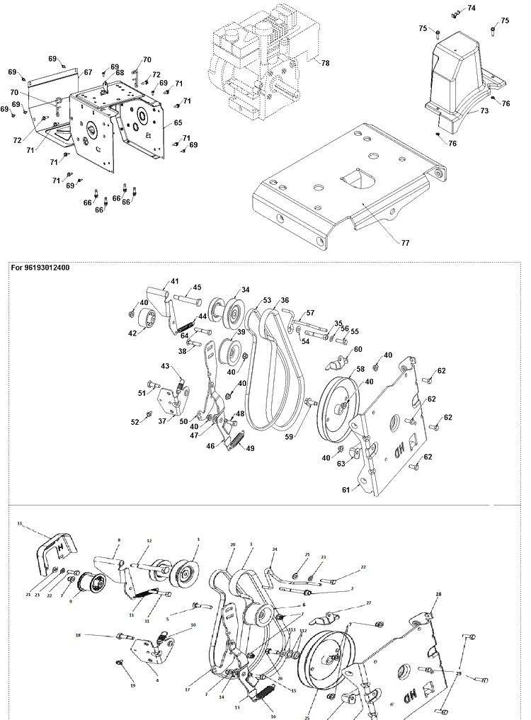 Chassis, Engine And Pulleys Diagram and Parts List for ST330  Husqvarna Snow Blower