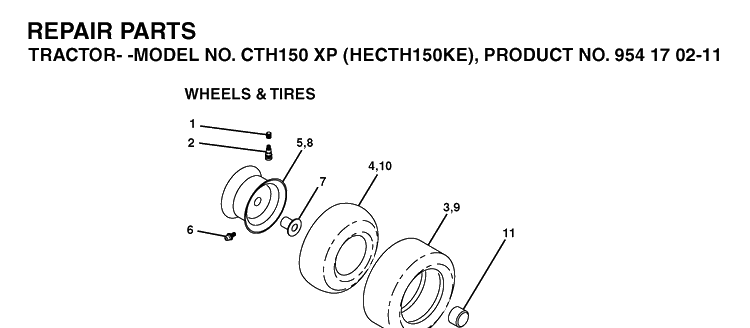 Wheels And Tires Diagram and Parts List for CTH150XP (HECTH150KE)(2004-06) Husqvarna Lawn Tractor