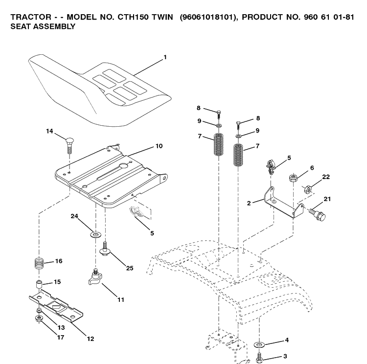 Seat Diagram and Parts List for CTH150 (96061018101)(2008-07) Husqvarna Lawn Tractor