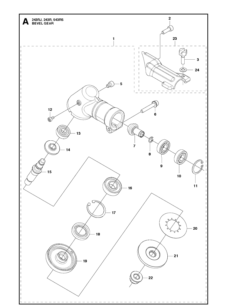 Bevel Gear Diagram and Parts List for 243R 20121000001-Current Husqvarna Brush Cutter