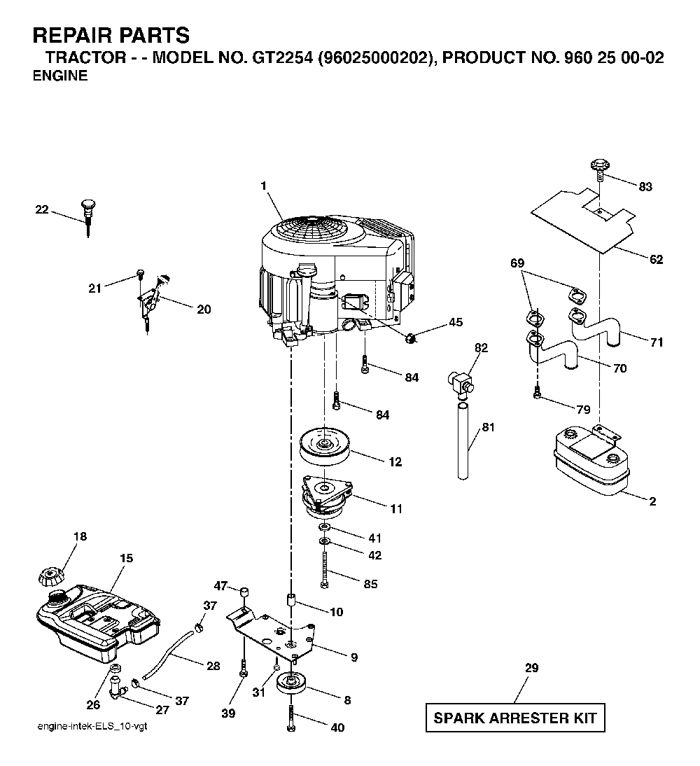Engine Diagram and Parts List for GT2254 (96025000202)(2005-06) Husqvarna Lawn Tractor