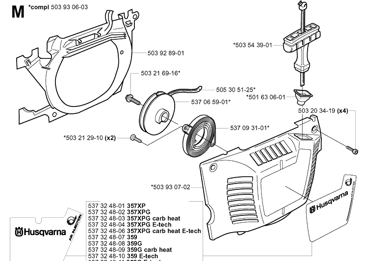 Starter Diagram and Parts List for 357XP 20041800001-20050600000 Husqvarna Chainsaw