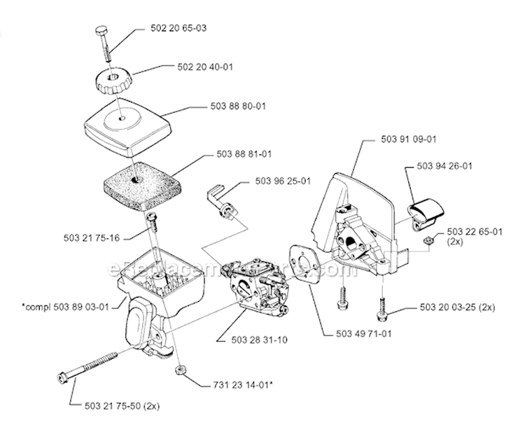 Carburetor  Air Filter Diagram and Parts List for 322L 1999-03 Husqvarna Trimmer