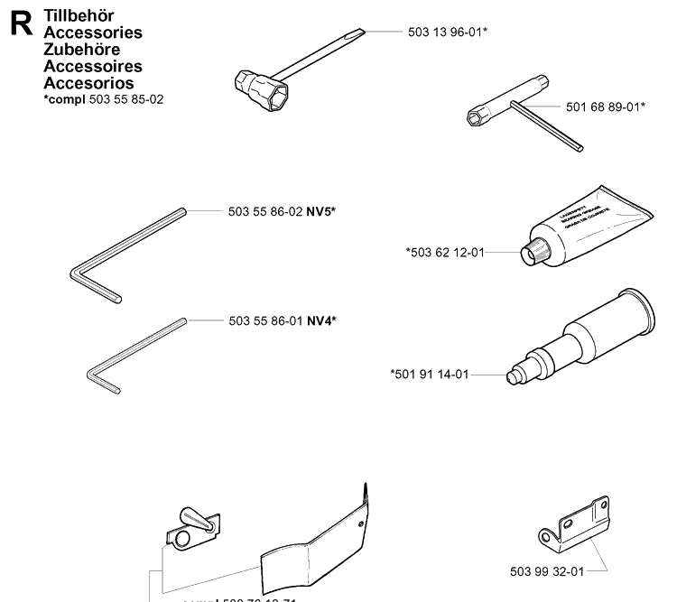 Accessories Diagram and Parts List for 395XP/ (XPG)(20034000001-20051800000) Husqvarna Chainsaw