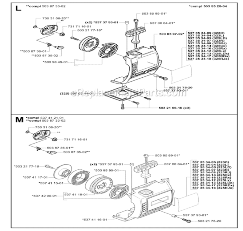 Starter Diagram and Parts List for 323L 2005-05 Husqvarna Trimmer