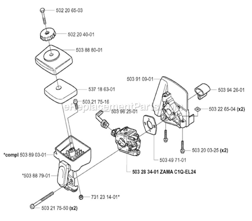 Carburetor_And_Air_Filter Diagram and Parts List for 323L 2005-05 Husqvarna Trimmer