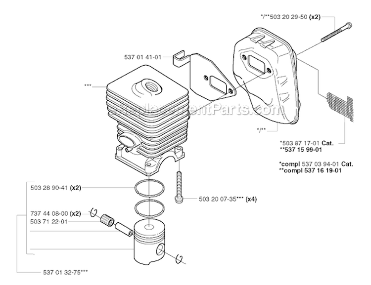 Cylinder Piston Diagram and Parts List for 323R 2002-01 Husqvarna Brush Cutter