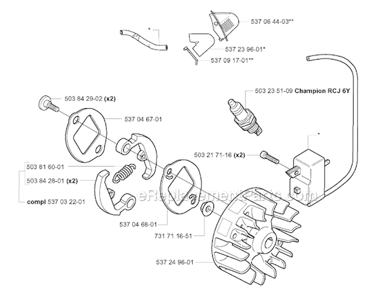 Ignition System  Clutch Diagram and Parts List for 323R 2004-03 Husqvarna Brush Cutter