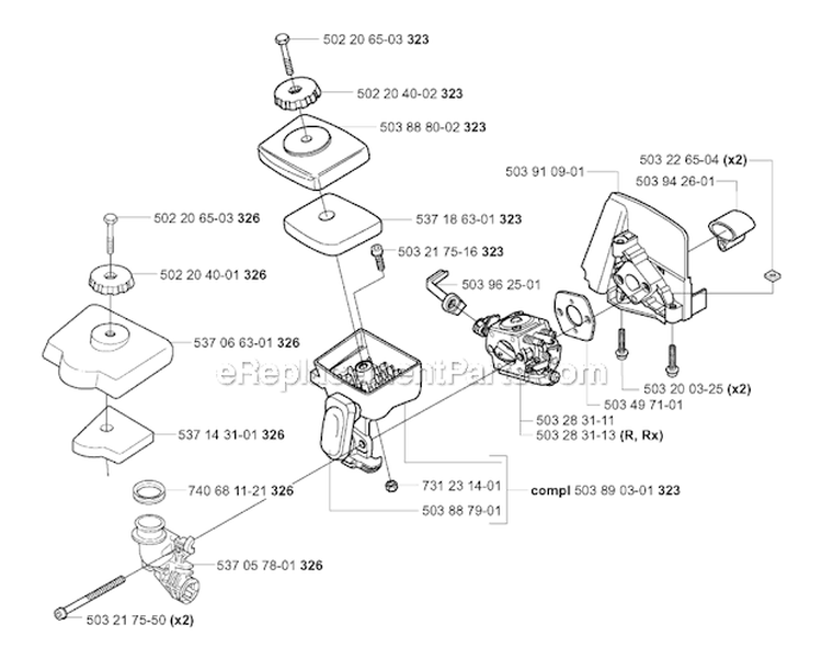 Carburetor  Air Filter Diagram and Parts List for 323R 2004-03 Husqvarna Brush Cutter