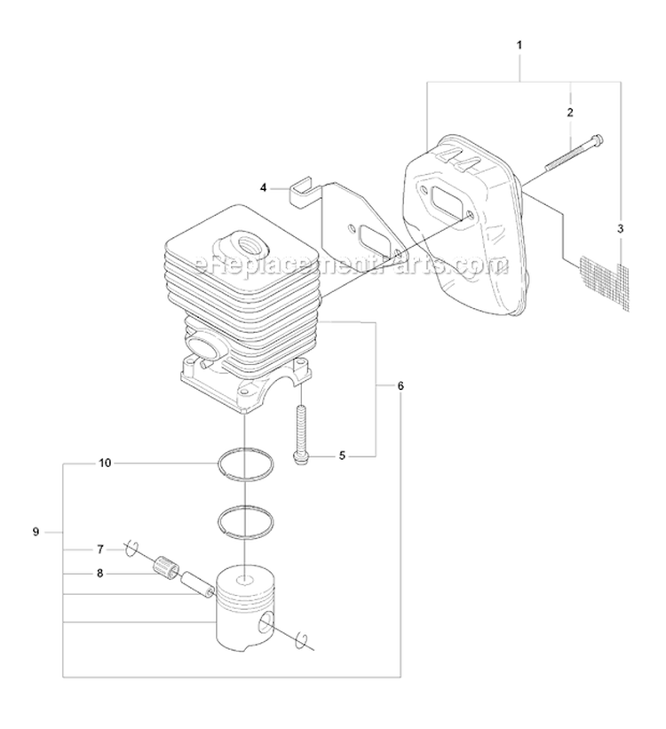 Cylinder Piston  Muffler Diagram and Parts List for 323R 2008-03 Husqvarna Brush Cutter
