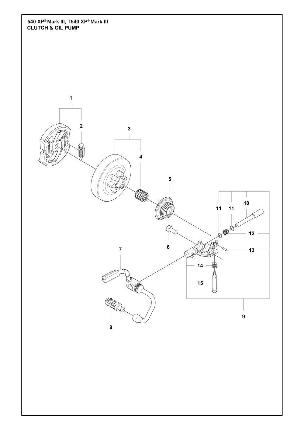 Clutch And Oil Pump Diagram and Parts List for T540XPMARKIII  Husqvarna Chainsaw