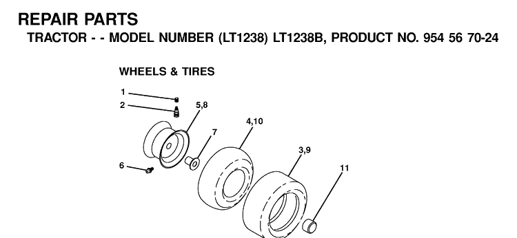 Wheels And Tires Diagram and Parts List for LT1238-LT1238B 2001-03 Husqvarna Lawn Tractor