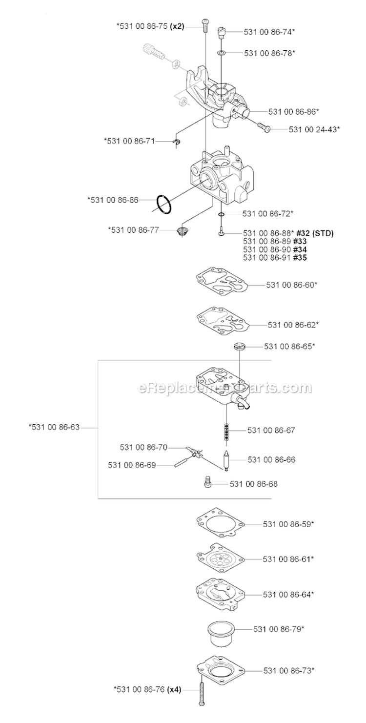 Carburetor Details Diagram and Parts List for 324RX 2004-05 Husqvarna Brush Cutter
