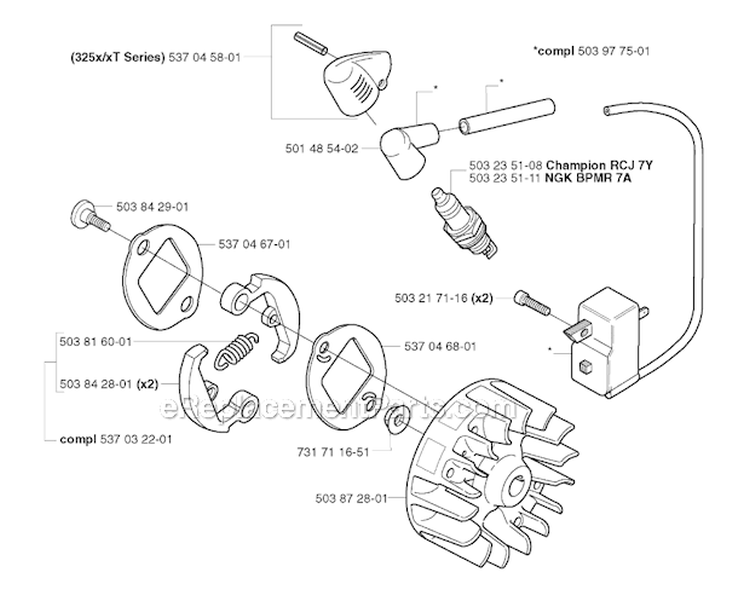 Ignition System  Clutch Diagram and Parts List for 325RJX 2002-01 Husqvarna Brush Cutter