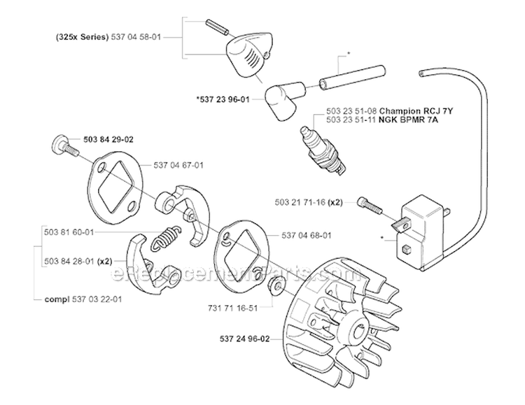 Ignition System  Clutch Diagram and Parts List for 325RJX 2005-05 Husqvarna Brush Cutter