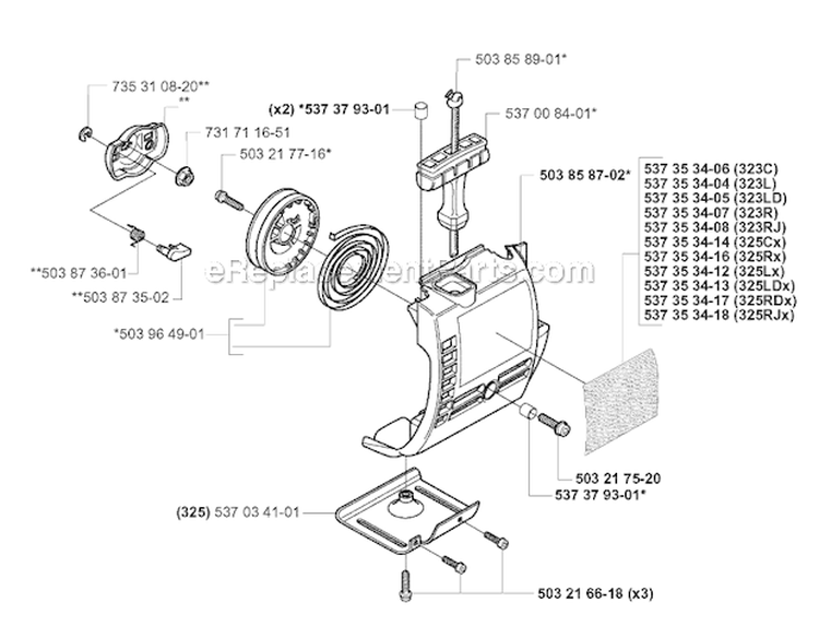 Starter 1 Diagram and Parts List for 325RJX 2005-05 Husqvarna Brush Cutter