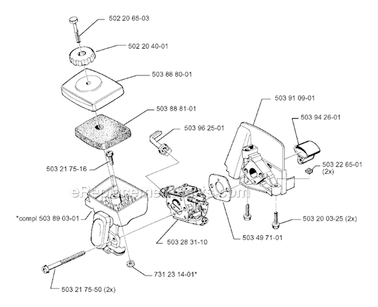 Carburetor  Air Filter Diagram and Parts List for 325RX 1999-03 Husqvarna Brush Cutter