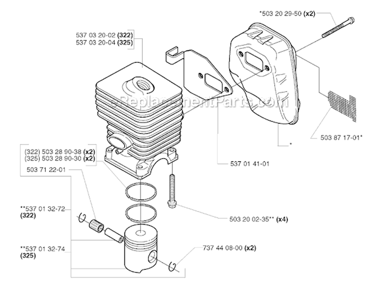 Cylinder Piston Diagram and Parts List for 325RX 2000-05 Husqvarna Brush Cutter
