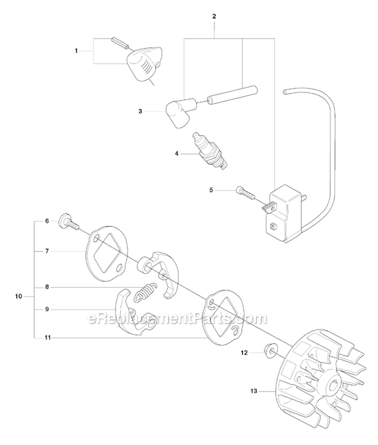 Ignition System  Clutch Diagram and Parts List for 325RX 2008-03 Husqvarna Brush Cutter