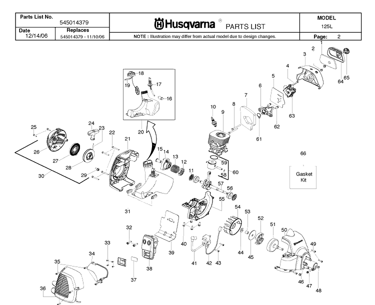 Engine Diagram and Parts List for 125L 20071300001-20082200000 Husqvarna Edger