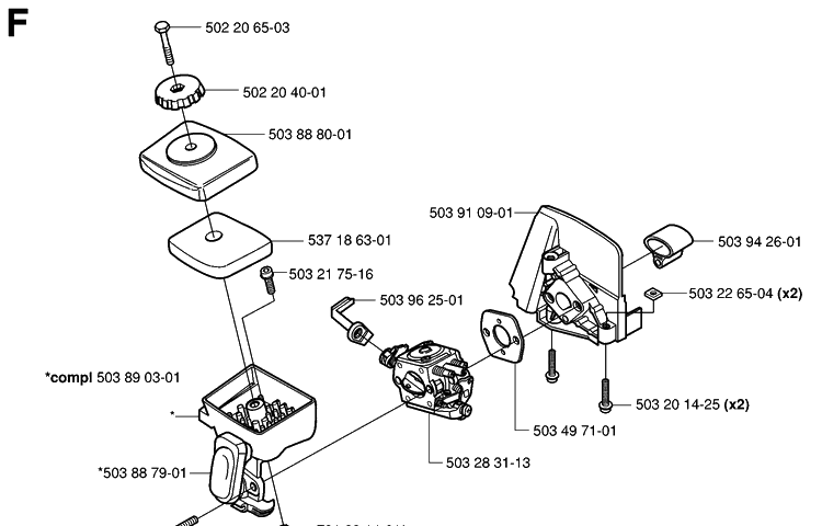 Carburetor And Air Filter Diagram and Parts List for 323HE3 20050600001-20053600000 Husqvarna Hedge Trimmer